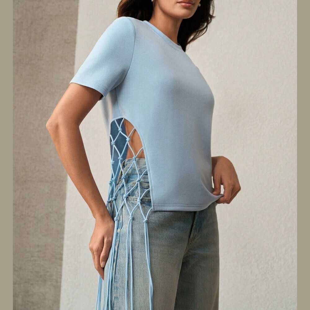 Sky Blue Knit Cutout Macrame Fringe Side Short Sleeve Tee
